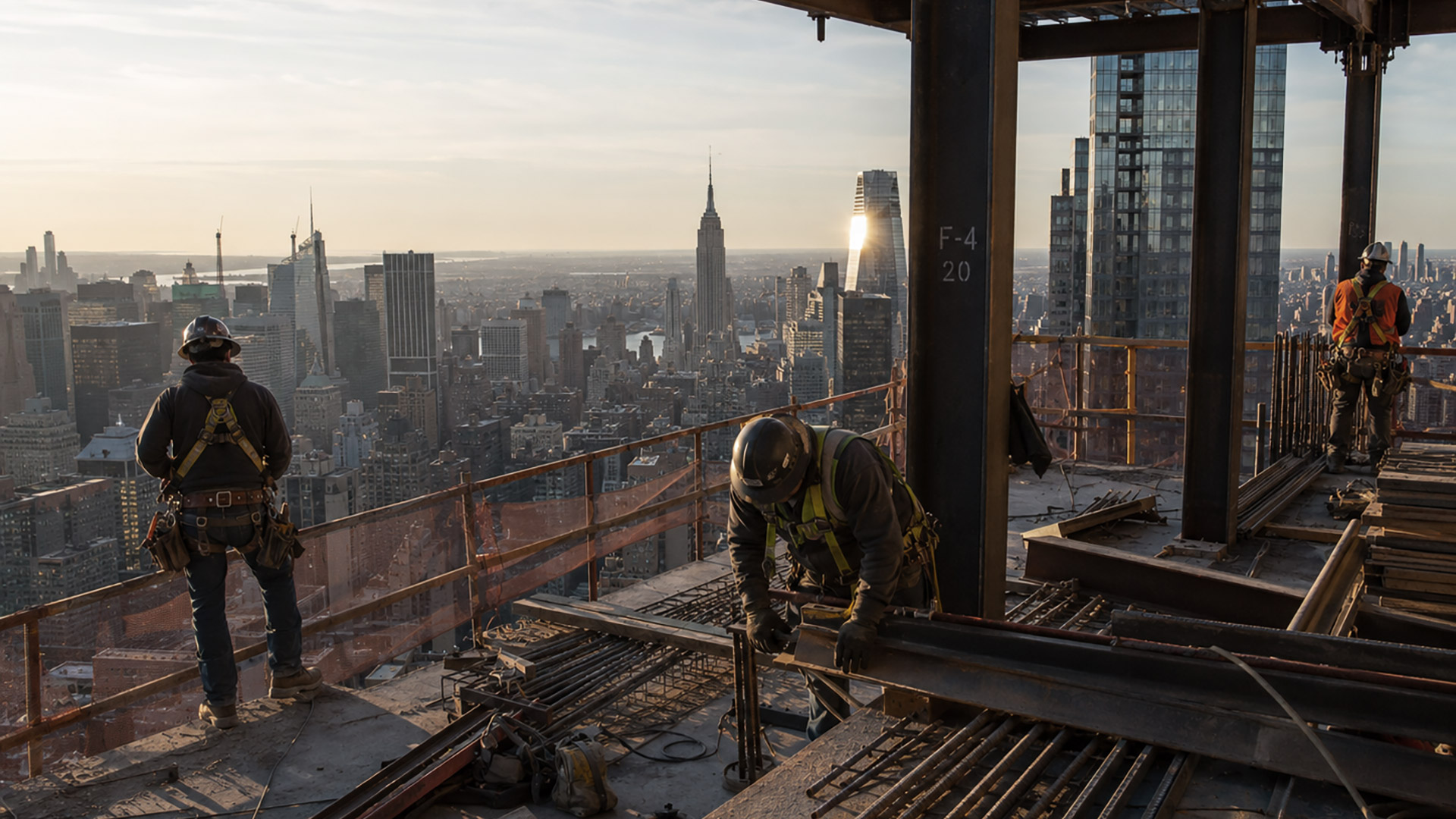 Crew raising a building frame